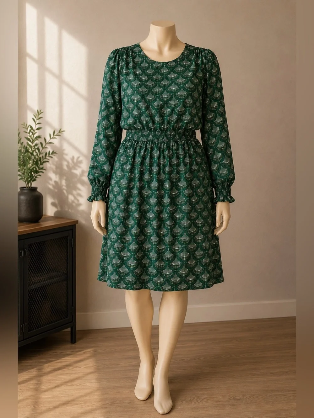 Michael Kors 1X Green Art Deco Print Long Sleeve Dress